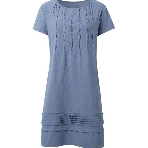 Cotton Linen Short Dress Plus Size 3XL Blue Cap Sleeve Pleated Vacation - Picture 1 of 7